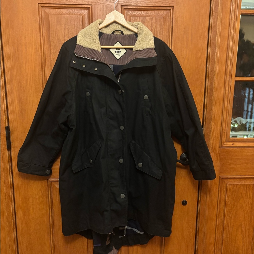 Free People Black Utility Jacket with Cream Sherpa Collar